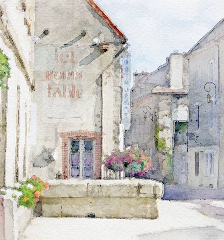 Image aquarelle de la grande rue d'Arnay le duc. Pays d'art et d'histoire de l'Auxois Morvan